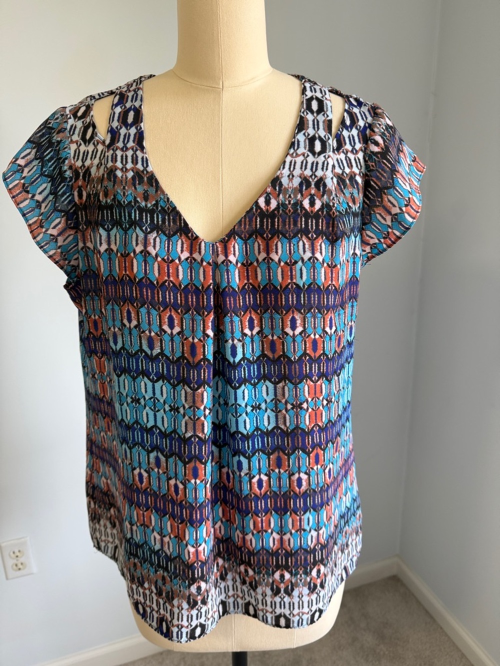 New Directions Blue Multi-Print V-Neck Blouse SZPL